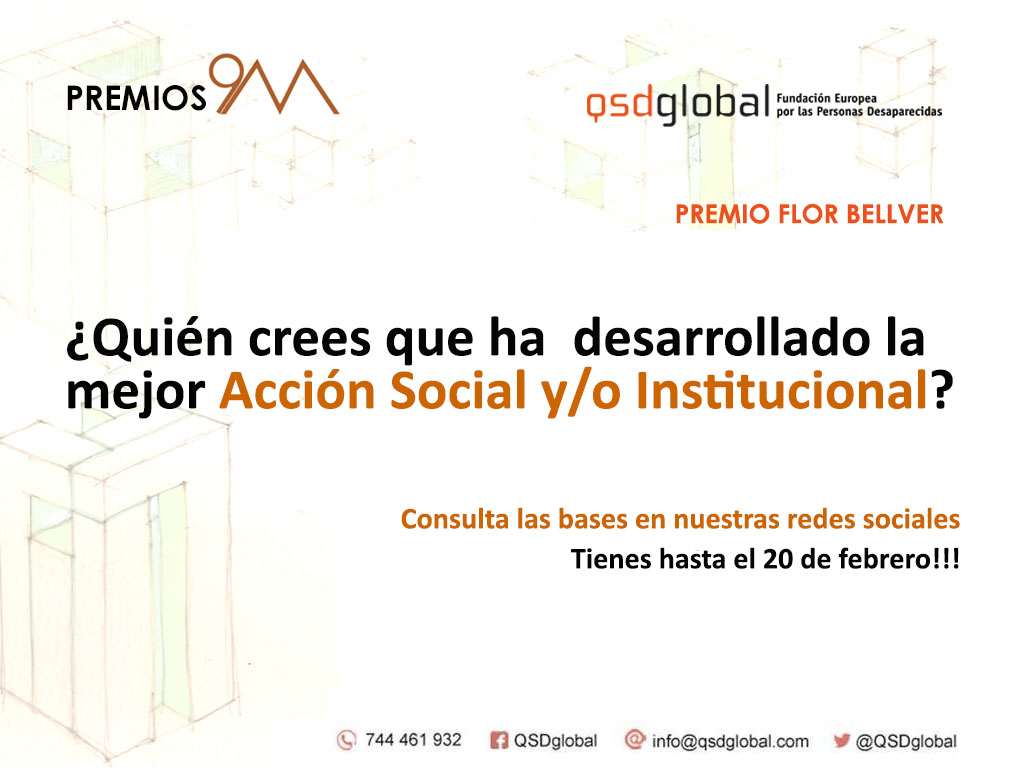 QSDglobal's tweet photo. Presenta tu candidatura a los VII Premios 9M

🔸¿Quién crees que ha desarrollado la mejor Acción Social y/o institucional?🔸

Anímate!! Tienes hasta el 20 de febrero
Consulta aquí las bases 👉 https://t.co/BTH6XRRgiS
#Premios9M #Desaparecidos https://t.co/z6MPRI1uY0