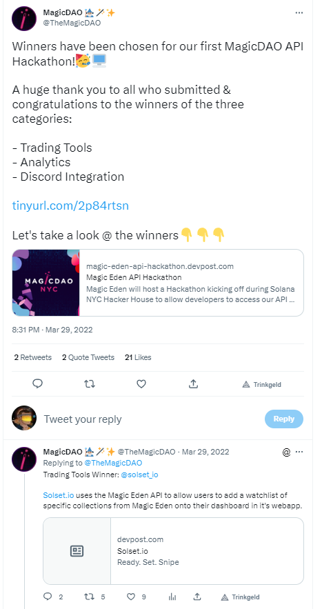 SOL_Decoder's tweet photo. Who's ready for an awesome surprise? 🤩

We're thrilled to announce a collab with @Solset_io the @TheMagicDAO Hackathon Winners 2022.

SOL Decoder holders get exclusive access to their sniping app for TWO WEEKS! #NFTs #Solset https://t.co/Y2IQFCdYT2