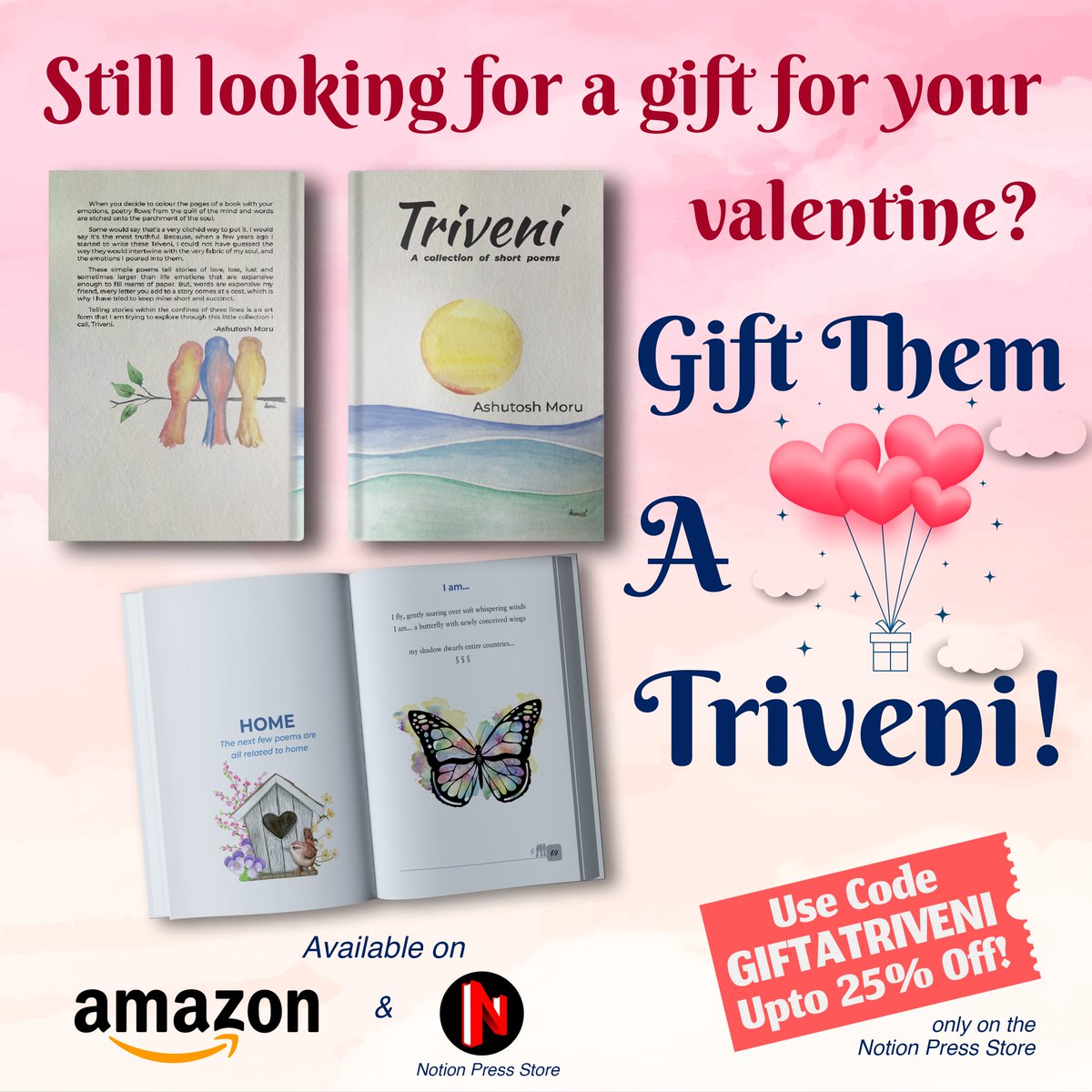 AshutoshMAuthor's tweet image. Link in bio!
Fall in love with the power of words this Valentine's Day! Treat your special someone to Triveni, a poetry collection that captures the essence of love. Use code GIFTATRIVENI on Notion Press Store for exclusive discounts. #Triveni #ValentinesDay #NotionPress