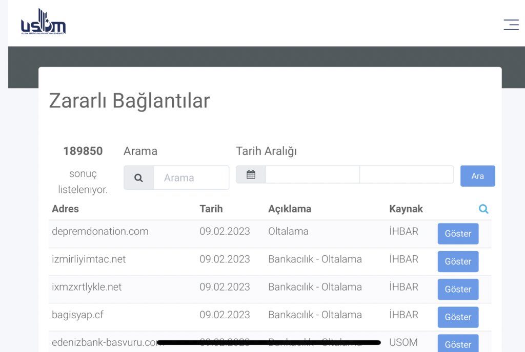 AFAD'ı ve benzer yardım kuruluşlarını taklit ederek bağış talep eden dolandırıcılara dikkat‼️

🔗 usom.gov.tr/ihbar 
🔴Dolandırıcılık amaçlı siteleri ihbar edin

🔗usom.gov.tr/adres 
🔴Zararlı bağlantı listesi 

<a href="/TRCert/">USOM</a>