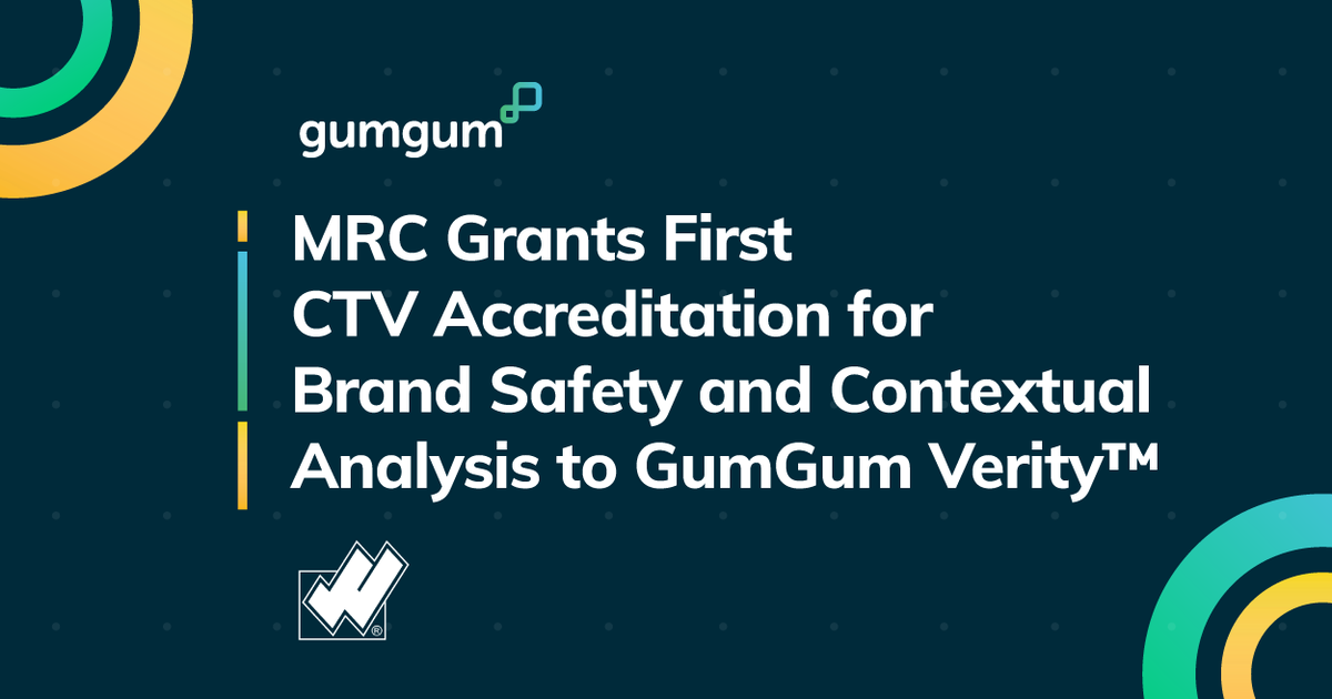 Bye video metadata and hello frame-by-frame analysis! GumGum’s contextual intelligence platform, Verity™, is now the first platform to receive content-level accreditation from the MRC for contextual analysis, brand safety and brand suitability for CTV. 👏 bit.ly/3Yktomx