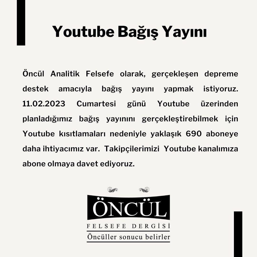 📌 Depremden etkilenen yurttaşlar için hafta sonu bağış yayını başlatacağız. Bunun için 10 bin aboneye ulaşmamız gerekiyor; lütfen YouTube kanalımıza abone olur musunuz!

📌 Başkalarını da teşvik eder ve gönderiyi paylaşırsanız seviniriz.

Kanal: youtube.com/@OnculAnalitik…