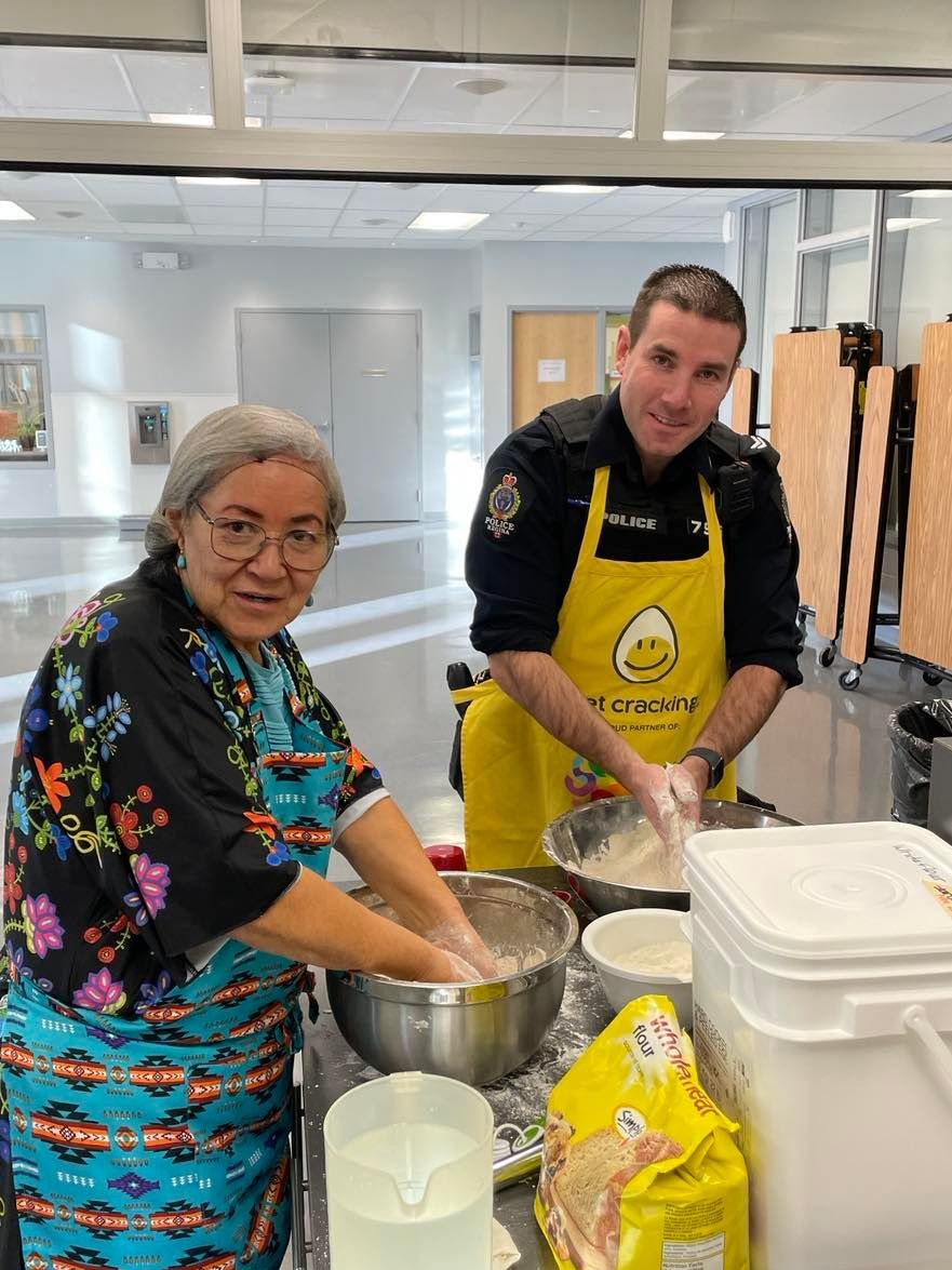 Elder Sharon, Ms. B, and Corporal Rodier teamed up to cook three sisters soup and bannock for everyone this Tuesday.  It was so tasty there wasn't a drop of soup left in the pot.  Thank you for being there for our school. #Bannock #Soup #Community