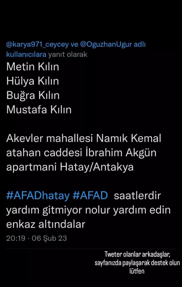 ozgenurkiran's tweet photo. ACİİL TEYİTLİ BİLGİ*************Ekipler gittiğinde ses gelmemiş ancak şu an ses geliyormuş enkazdan arkadaşımızın yakınları lütfen acil ekip yönlendirebilir miyiz canlı enkazın altındalar çok sınırlı süremiz var lütfen #DepremAcil @OguzhanUgur @haluklevent @ahbap https://t.co/RWbakidjt9
