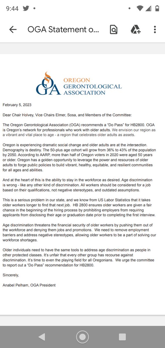 OGA filed a letter of support for HB2800 to stop #agediscrimination in employment. Please write to your elected officials to share the message that older adults are valued in our state. Read our testimony here:

drive.google.com/file/d/1pRAMKO…

#work #jobs #discrimination #Ageism