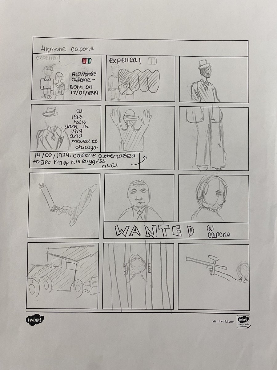 MissTKimbugwe's tweet photo. My Yr 9s have been studying the 1920s and have just looked at organised crime. They made me so proud of their comic strips on Al Capone, so here’s my debut on showing off my students work on Twitter! Shout out to @twinklresources for the comic strip template! https://t.co/n3gqwGnZbI