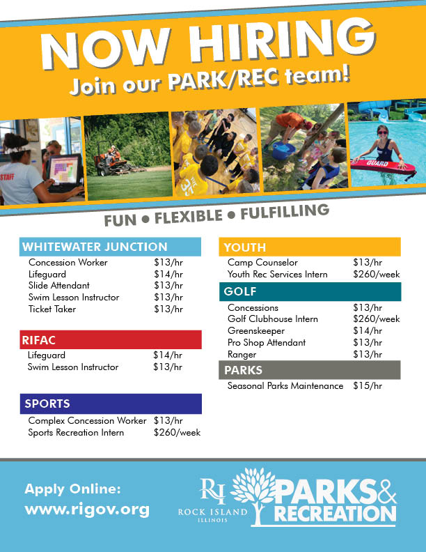 Who's looking for a summer job?! We are now hiring for Whitewater Junction, Golf Courses, Park Maintenance, Camps and more!  Apply online at rigov.org.
