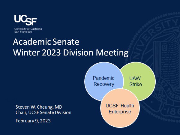 In just a couple of hours, the Senate’s Winter Division meeting will begin. Join us at noon! senate.ucsf.edu/division-meeti…