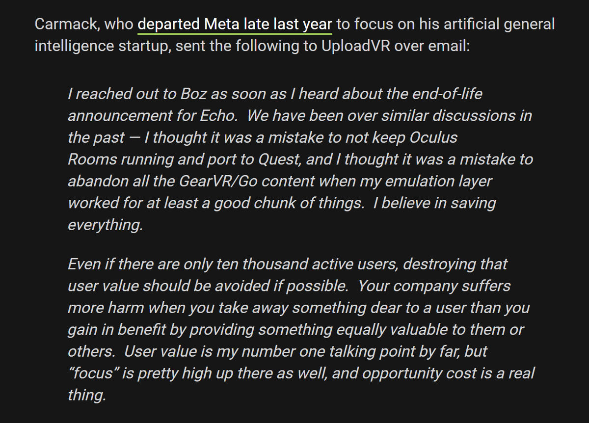 kentbye's tweet photo. Meta is shutting down #EchoVR on August 1, 2023 
https://t.co/cvcNE7lvwA

CTO Boz Instagram AMA said the user base was too small
https://t.co/mGMoSok7oQ

Carmack disagrees:
https://t.co/VOBw2sZVuY

Boz is deleting &amp; blocking Instagram #saveEchoVR comments
https://t.co/wWKuV69SY6 https://t.co/2trrXHa5Dt