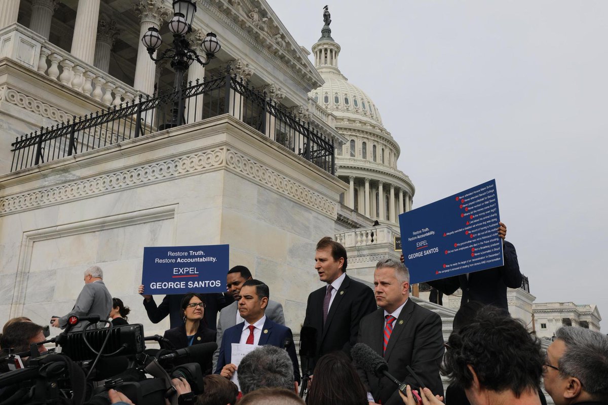 RepRobertGarcia's tweet photo. Despite calls from George Santos’ own constituents + Republican colleagues, Kevin McCarthy refuses to act. So while GOP leadership remains silent, we are stepping up to introduce an expulsion resolution to ensure that the House of Representatives is worthy of the public’s trust. https://t.co/2HJagzdbWX