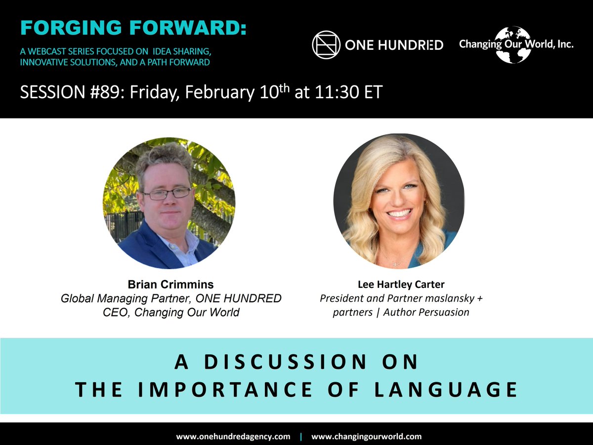 1hundredagency's tweet photo. There is still time to sign up for tomorrow's #FORGINGFOWARD. https://t.co/AB3ma2QaS1. Brian Crimmins and @lh_carter from @maslansky will be talking about the "Importance of Language." https://t.co/9eUNvzACFY