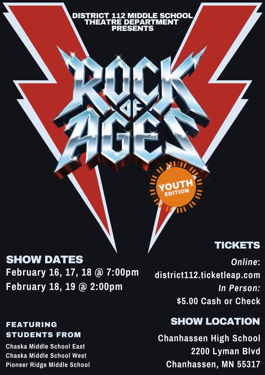 COME SEE ROCK OF AGES NEXT WEEK AT CHANHASSEN HIGH SCHOOL #RockOfAges112 district112.ticketleap.com