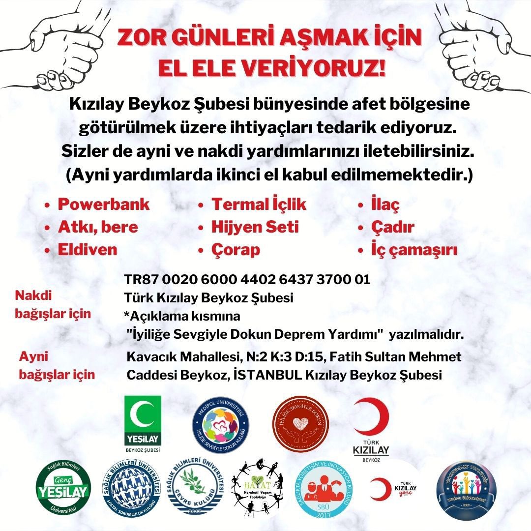 Kızılay Beykoz Şubesi’nde deprem bölgesine götürülmek üzere ihtiyaçlar toplanıyor.Ayni ve nakdi yardım yapabilirsiniz. 
#deprem #sondakika #yardım #kahramanmaraş #hatay #adıyaman #adana #kilis #sanliurfa #gaziantep #malatya #osmaniye #diyarbakır #sbu