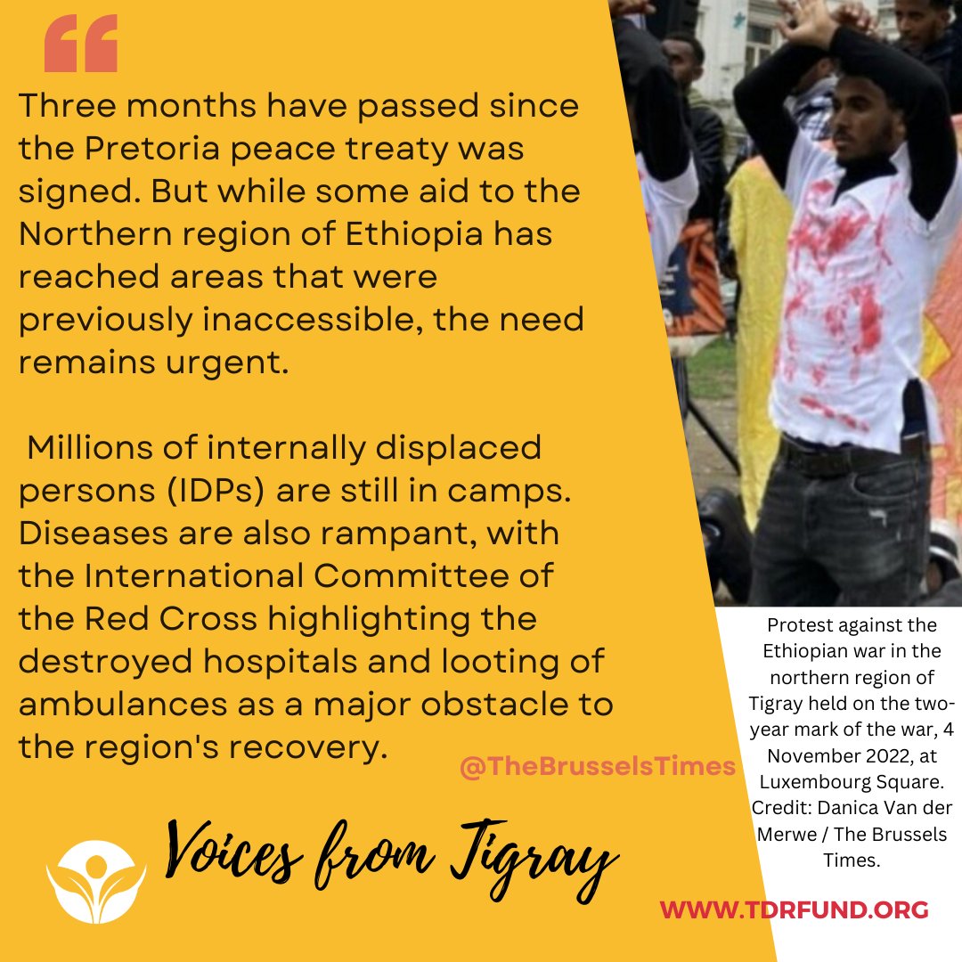 TdrFund's tweet photo. We must not forget the millions of IDPs in #Tigray who remain in need of urgent aid over 3 months since the Pretoria peace treaty was signed! Hospitals &amp; ambulances have been destroyed &amp; looted, making it even harder to combat diseases that have spread. #FreeTigray  #Testimonals https://t.co/TlMa43JdSt
