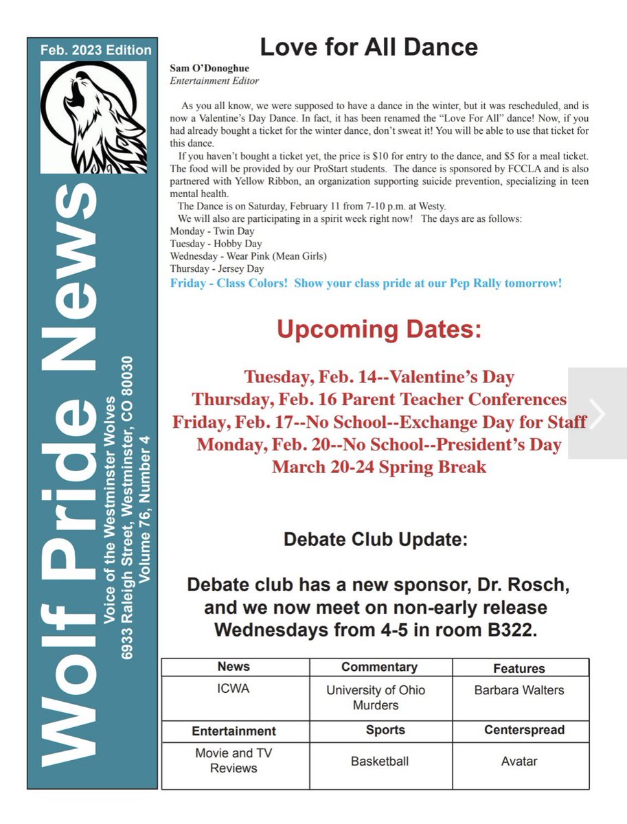 The 4th issue of the Wolf Pride is out today! Congratulations to our newspaper staff on another great issue! online.fliphtml5.com/dyaan/hjur/