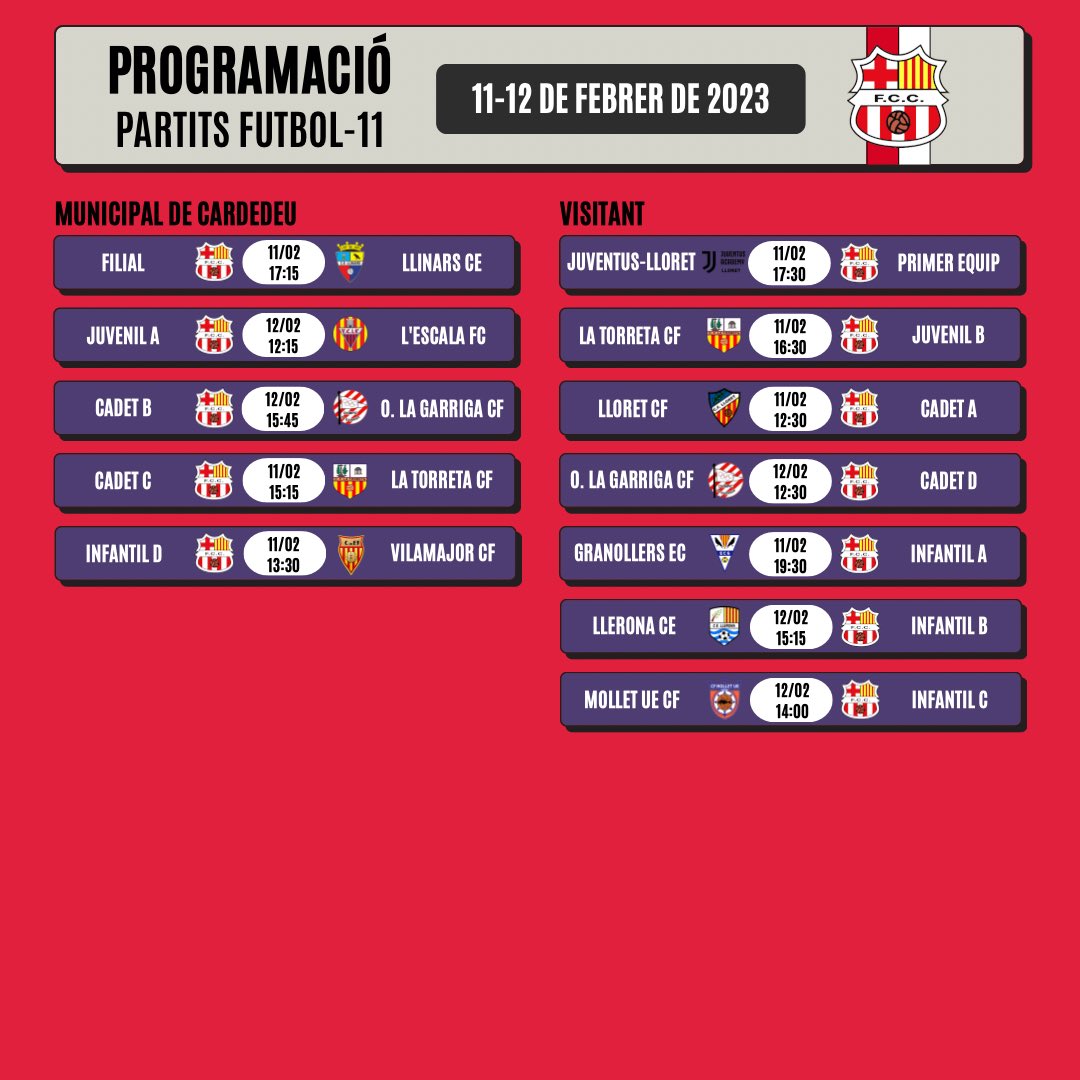 📆‼️ HORARIS PARTITS 11-12 DE FEBRER

🍀 Molta sort i encerts! Som-hi! 💪🏼
