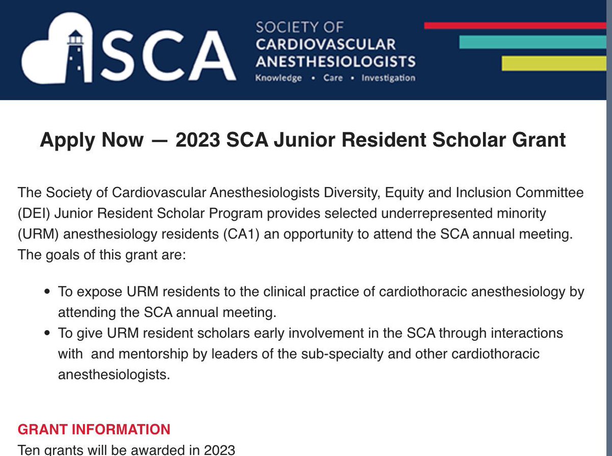 Congratulations to our CA1 Rachel Reindorf for winning @scahq Junior Resident Scholar Grant that is awarded to #URiM anesthesia junior residents who are interested in #CTAnesth. Thank you @SeemaDesh2020 @MondalSamhati @khollander04 for guiding her. @ASALifeline #DEI #mentorship