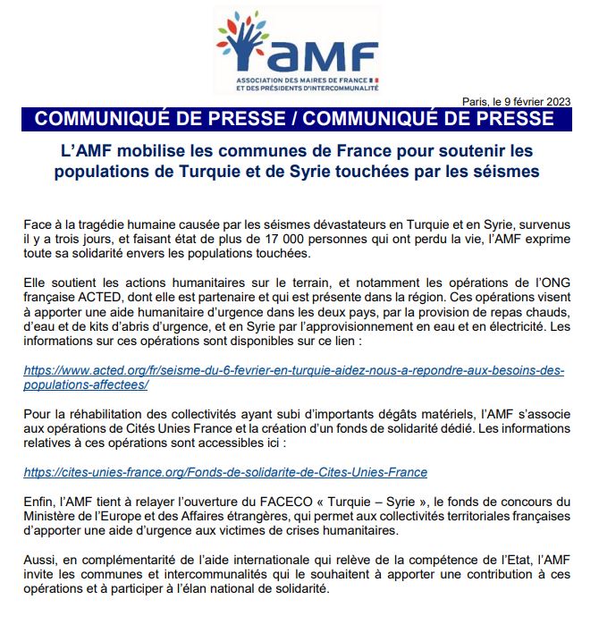 L’AMF mobilise les communes de France pour soutenir les populations de Turquie et de Syrie touchées par les séismes ▶️amf.asso.fr/documents-lamf…