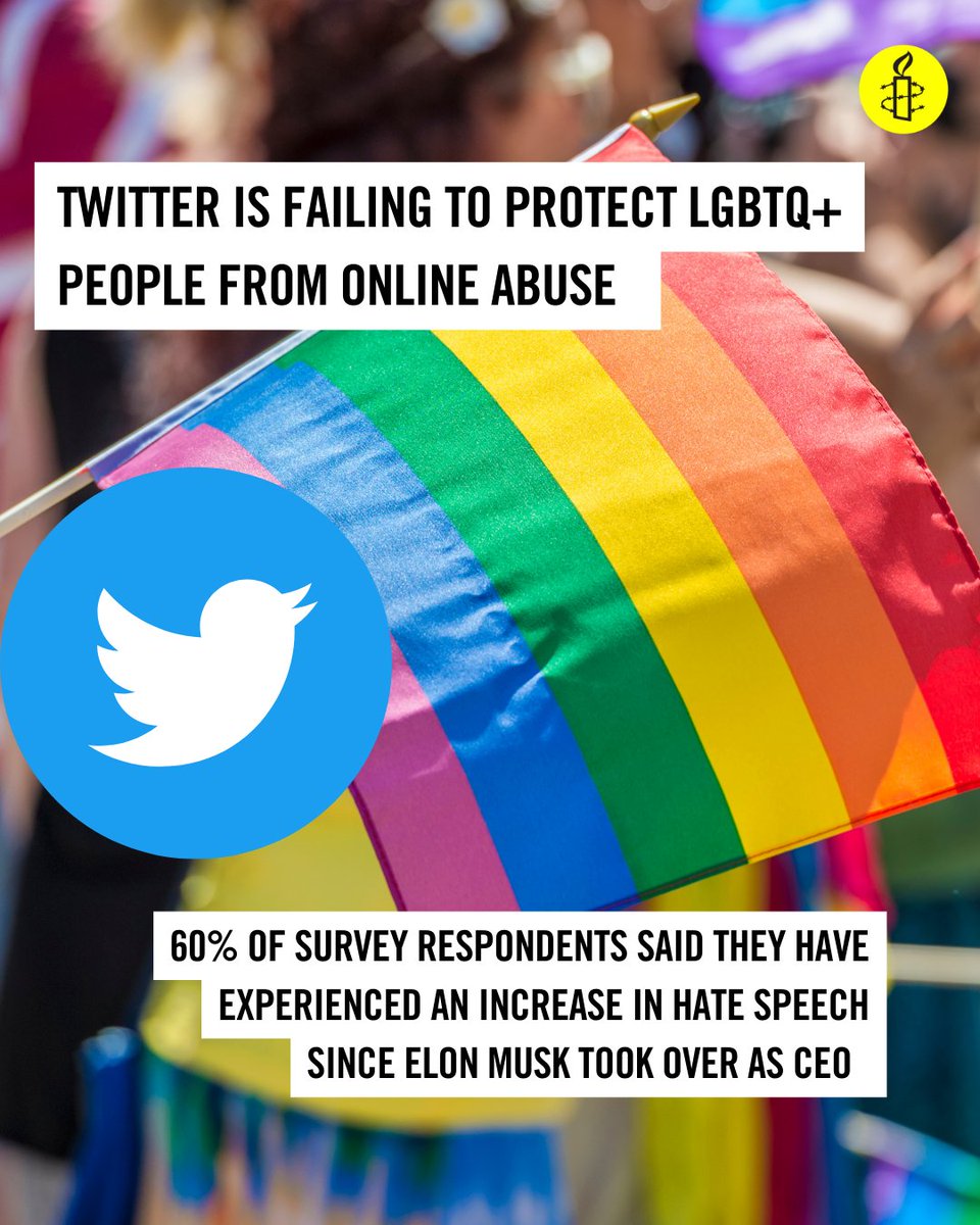 Harassment of LGBTQ+ activists on @Twitter has intensified since <a href="/elonmusk/">Elon Musk</a> acquired the company -new survey from <a href="/amnestyusa/">Amnesty International USA</a> <a href="/glaad/">GLAAD</a> <a href="/HRC/">HRC</a> shows. More:  amnestyusa.org/press-releases…