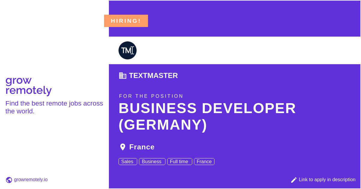 growremotelyio's tweet image. Check out this job at TextMaster for the position Business Developer (Germany).

 Apply link: growremotely.io/?id=63e43b8873…

#hiring #remotejobs #TextMaster #SalesandMarketing