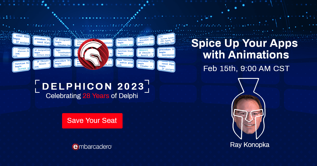 EmbarcaderoTech's tweet image. Join Ray Konopka in this &quot;Spice Up Your Apps with Animations&quot; session in #DelphiCon2023 on Feb 15th. Register now: embt.co/DelphiCon-2023  @RayKonopka 

#Delphi #developers #programming