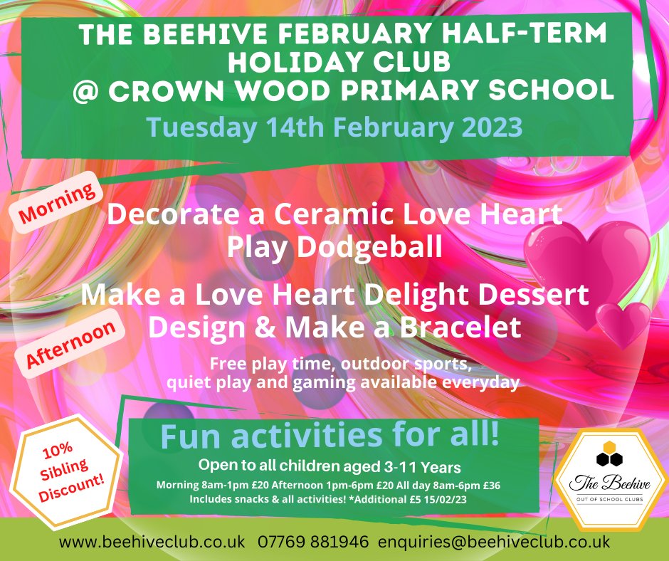 Tomorrow at the Beehive #HalfTerm #HolidayClubs we're getting love heart crafty! 💕
Also on offer, lots of games, outside play, sports, other arts and crafts and much more!!
beehiveclub.co.uk/holidayclubs for more info, to register and book!

#halftermkidsclubs #halftermclubs #halfterm