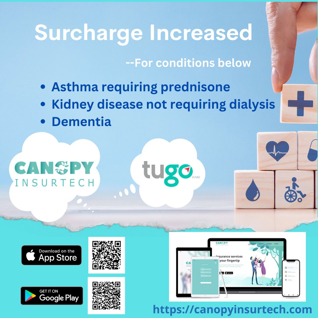 Quick update for Canopy Customers: Starting Feb 9, a surcharge will be added to new policies with MQ covering Asthma requiring prednisone, kidney disease not requiring dialysis, and Dementia. Feel free to contact us  any time. Thank you for choosing us  for your insurance needs.