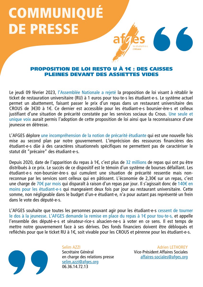 L’AN rejette la proposition de loi du RU à 1€ pour tou-te-s les #étudiant-e-s

🗣️ L’AFGES demande

➡️ la remise en place du repas à 1€ pour tout-e-s les étudiant-e-s
➡️ le soutien des député-e-s et des sénateur-ice-s alsacien-ne-s
➡️ un fléchage financier viable et durable
