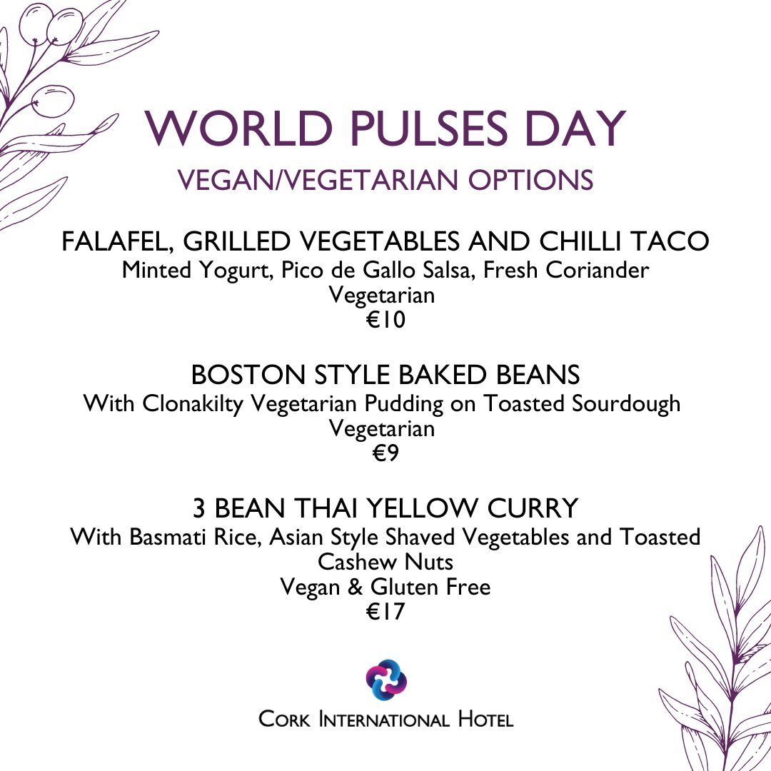No1CorkHotel's tweet photo. We have some delicious #vegetarian and #vegan specials on our menu tomorrow for #WorldPulsesDay. Pulses are a key ingredient in developing a sustainable food system. Will you try one of our delicious dishes? 
#CorkFood #Cork https://t.co/7AbtzHUAaV