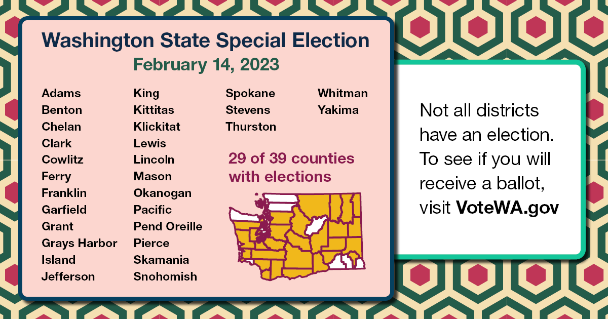 secstatewa's tweet image. Only 29 of our 39 counties have local measures on the ballot for the February 14 Special Election and not all voters in a county live in a district having an election.

1/2
