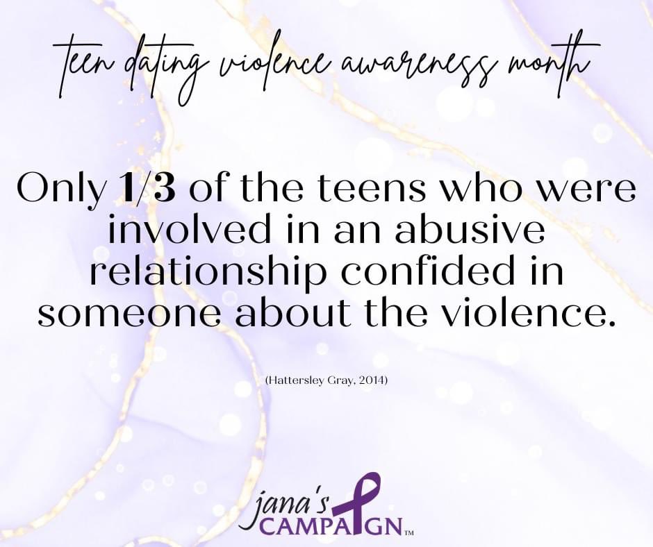 Jana's Campaign (@janascampaign) on Twitter photo About one in twelve teens has experienced dating violence (CDC, 2019). However, the actual number is likely higher due to many people being afraid to report their partner’s unhealthy behaviors or not knowing that the things they are experiencing are gender-based violence. About one in twelve teens has experienced dating violence (CDC, 2019). However, the actual number is likely higher due to many people being afraid to report their partner’s unhealthy behaviors or not knowing that the things they are experiencing are gender-based violence.