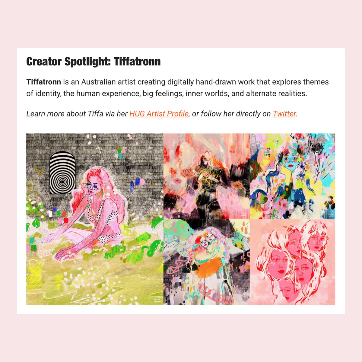 tiffatronn's tweet image. I got spotlighted (spot lit?) in issue 005 of @thehugxyz newsletter! Thanks @debsoon 🖤