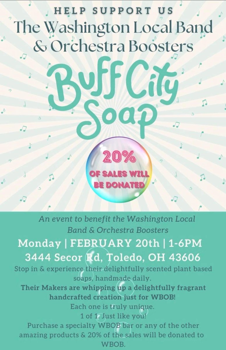 Do you love the WLS music program? Do you rock out to our band? Are you soothed by our orchestra?  Happy your child is learning the discipline, fun and talent of an instrument? COME SUPPORT BAND AND ORCHESTRA WITH SMELLY-GOOD SOAPS on 2/20! 🧼