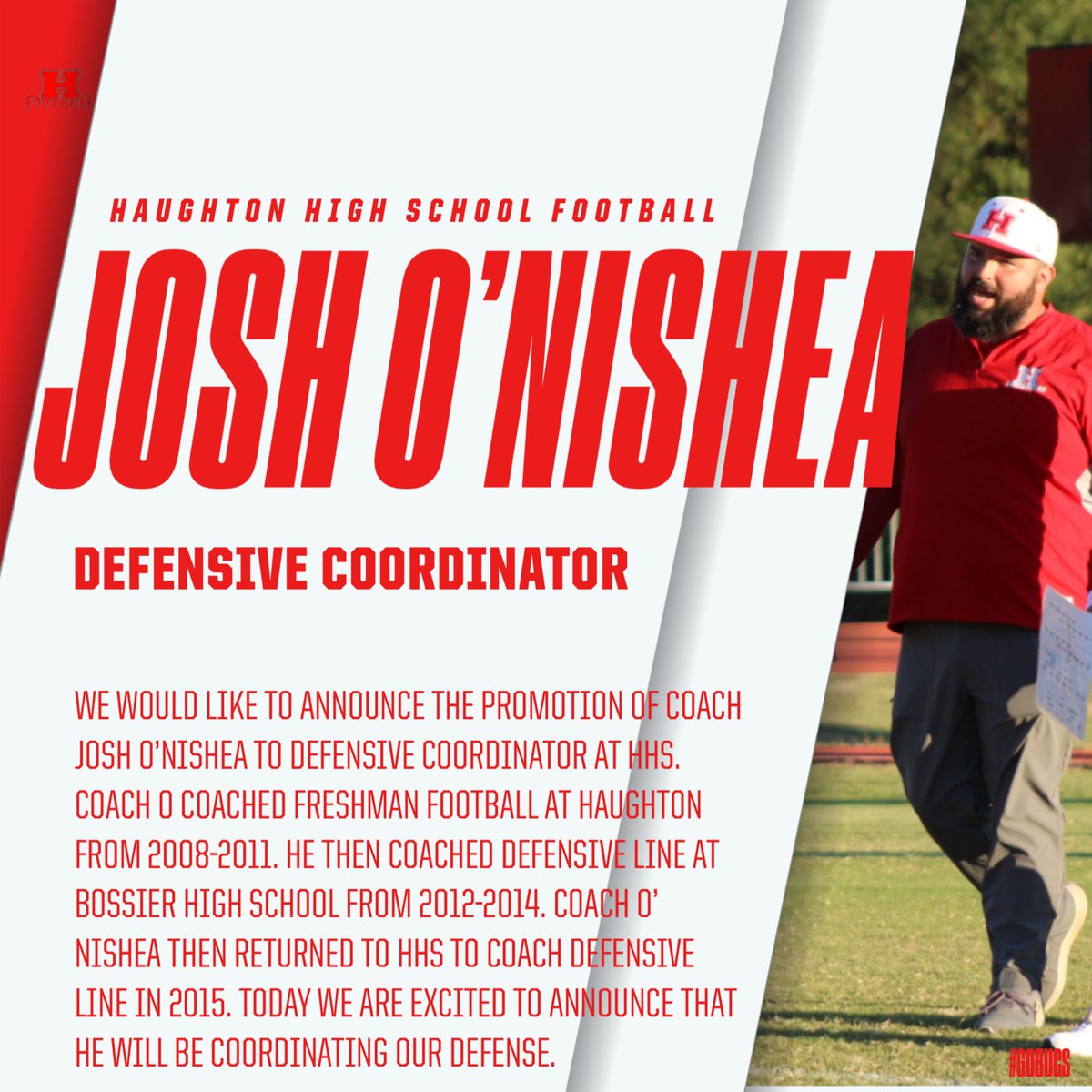 HBucs_football's tweet photo. We are excited to announce the promotion of Coach Josh O’Nishea from Defensive Line to Defensive Coordinator ‼️ https://t.co/pu3e1ctxhN