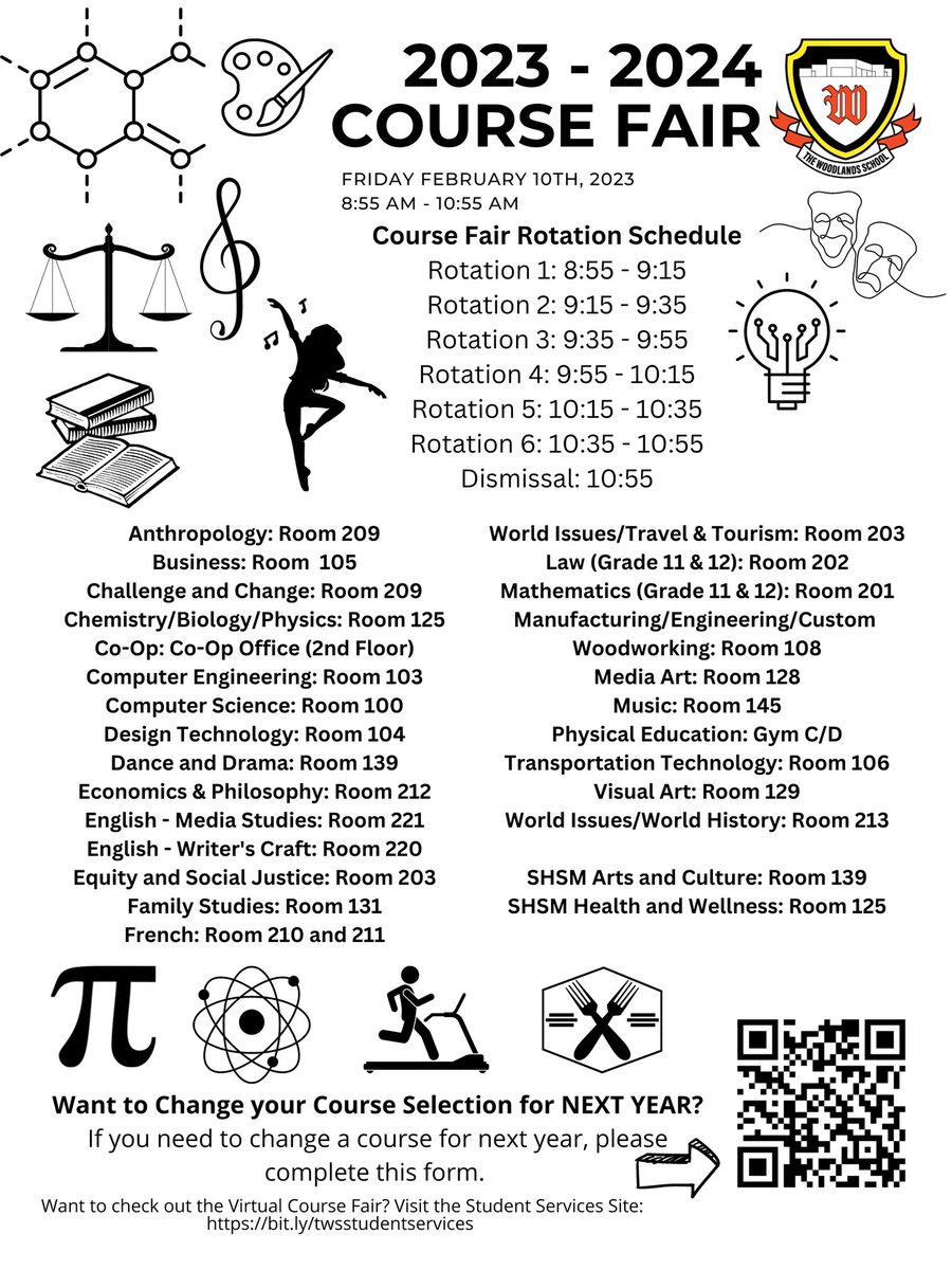 GuideWoodlands's tweet photo. On Friday February 10th, 2023, students can explore our 2023 - 2024 Course Fair. The goal is to have students join staff in various spaces around the school so they have an opportunity to ask teachers questions about courses and can learn more about programs. @woodlandsrams https://t.co/sVYTclXZIr