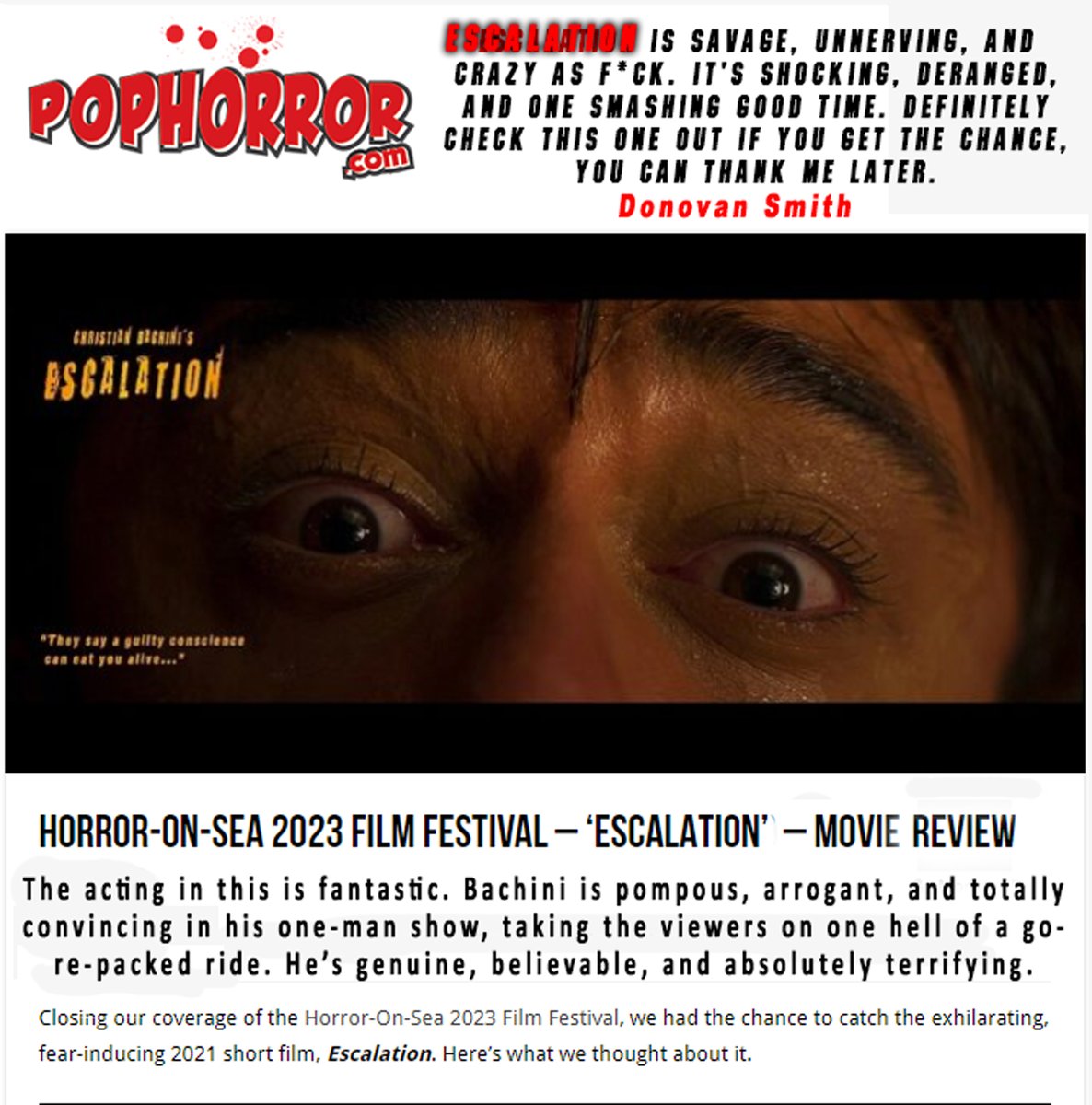 ChrisBachini's tweet photo. Thank you @MonsterDugan and @PopHorrorNews for this awesome review right out of the @HorrorOnSea film festival in the UK!!
#pophorror #moviereview #horrormovies #ilovehorror #escalationmovie #escalation #christianbachini #christiankangbachini #filmdirector https://t.co/XQKAaN8QVl