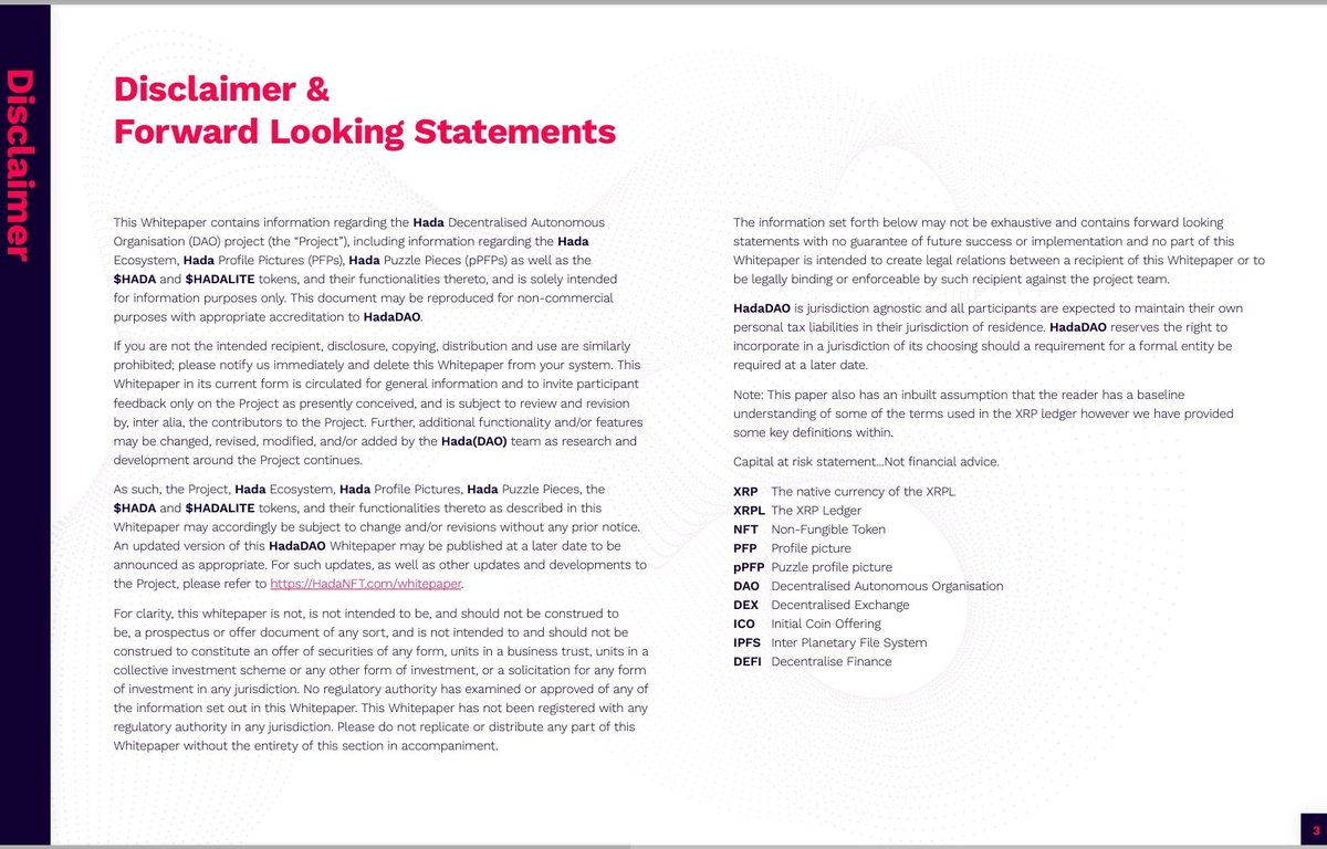 MEGAMANXRP's tweet image. #HadaCommunity what is your opinion on @Hada_Dao and the airdrops that we provide to token/NFT holders?

Have we disclosed to you properly the risks involved in participating in @Hada_Dao and the #PuzzlePicture marketplace? 

Here is the disclaimer from our official whitepaper.