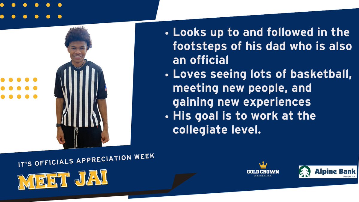GoldCrownCO's tweet photo. As Officials Appreciation Week presented by @AlpineBankColo continues, we want to feature our 4th official who makes a difference on and off the court every weekend! 

Next up.... 

Meet Jai! 🏀👑

#GCFThemeWeek #GoldCrownOfficials https://t.co/J2P9KUuXZ2