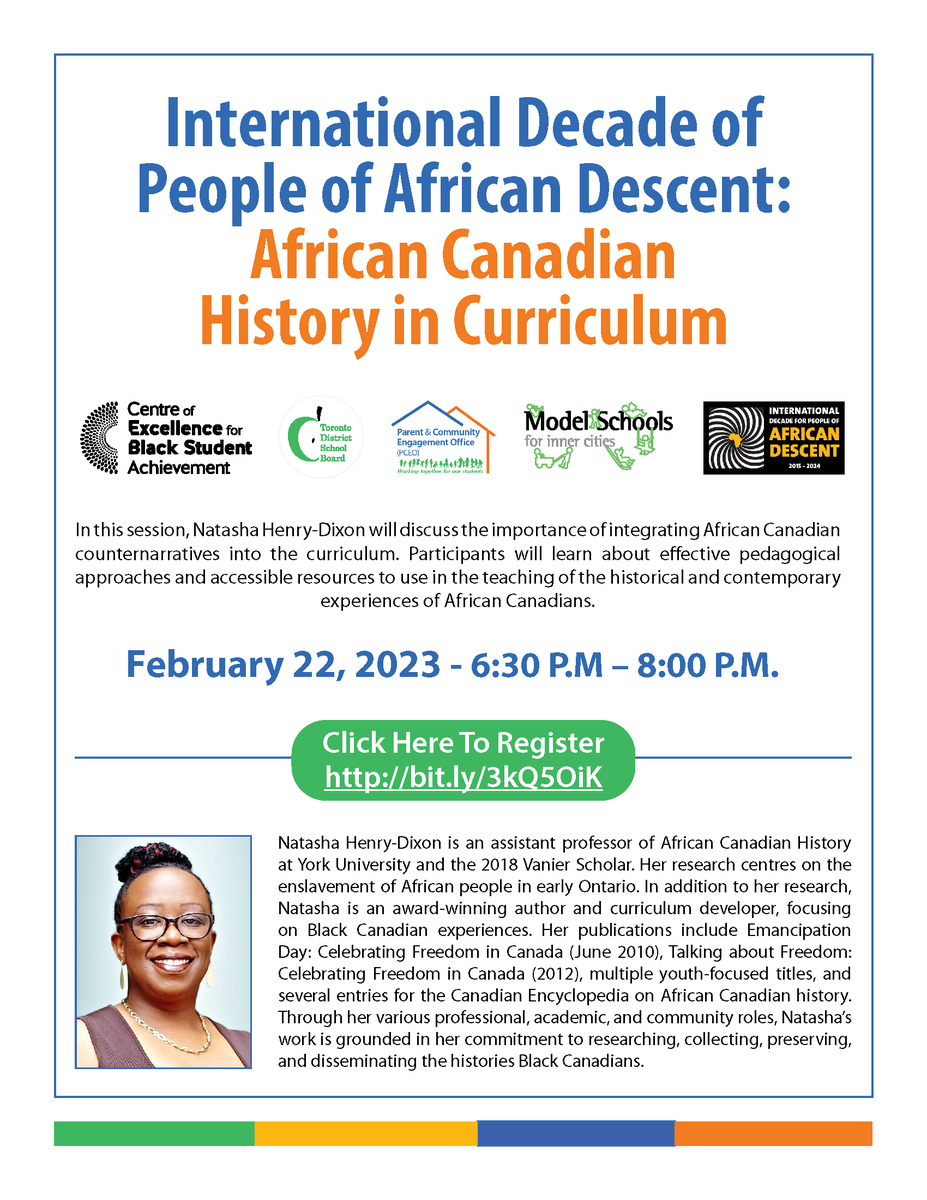 Centre of Excellence for Black Student Achievement (@tdsb_cebsa) on Twitter photo Join us with Natasha Henry-Dixon to discuss the importance of integrating African Canadian counternarratives into the curriculum. Participants will learn effective approaches & resources.
Feb. 22
6:30 PM
Register: bit.ly/3kQ5OiK
#tdsbcebsa #tdsb <a href="/tdsb/">Toronto District School Board</a> @NHenryFundi Join us with Natasha Henry-Dixon to discuss the importance of integrating African Canadian counternarratives into the curriculum. Participants will learn effective approaches & resources.
Feb. 22
6:30 PM
Register: bit.ly/3kQ5OiK
#tdsbcebsa #tdsb <a href="/tdsb/">Toronto District School Board</a> @NHenryFundi