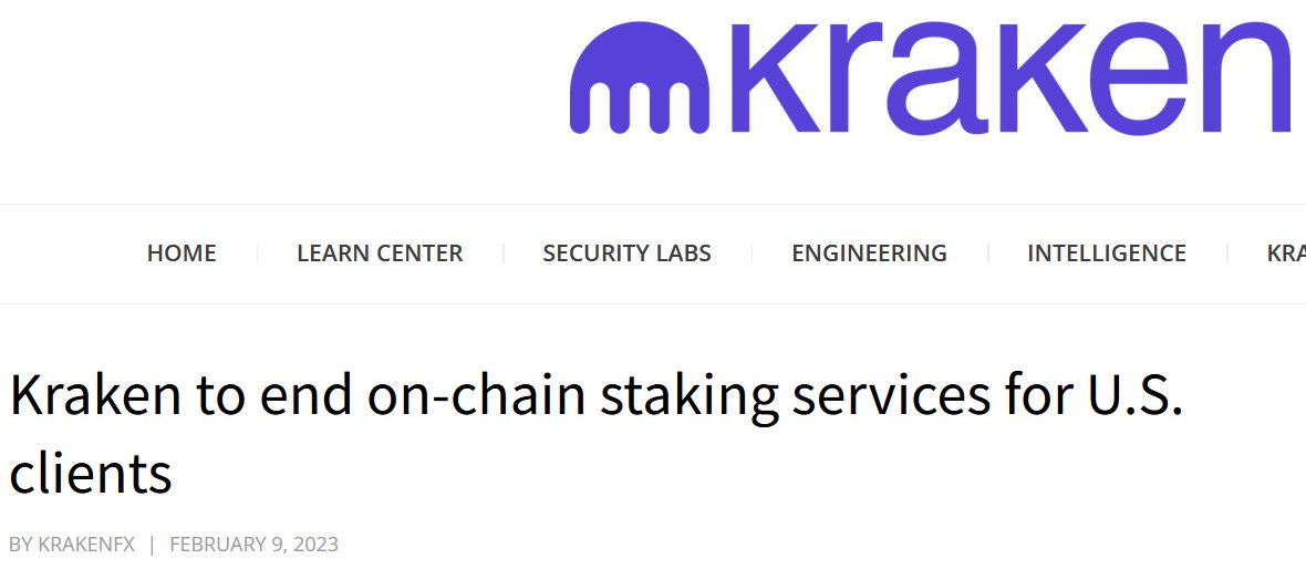 Just got an email from Kraken that they're no longer providing staking services for US accounts, effective immediately. If you're US-based, plan on staking on-chain because I expect other CEX to follow suit. It's good for decentralization anyway. blog.kraken.com/post/17619/set…