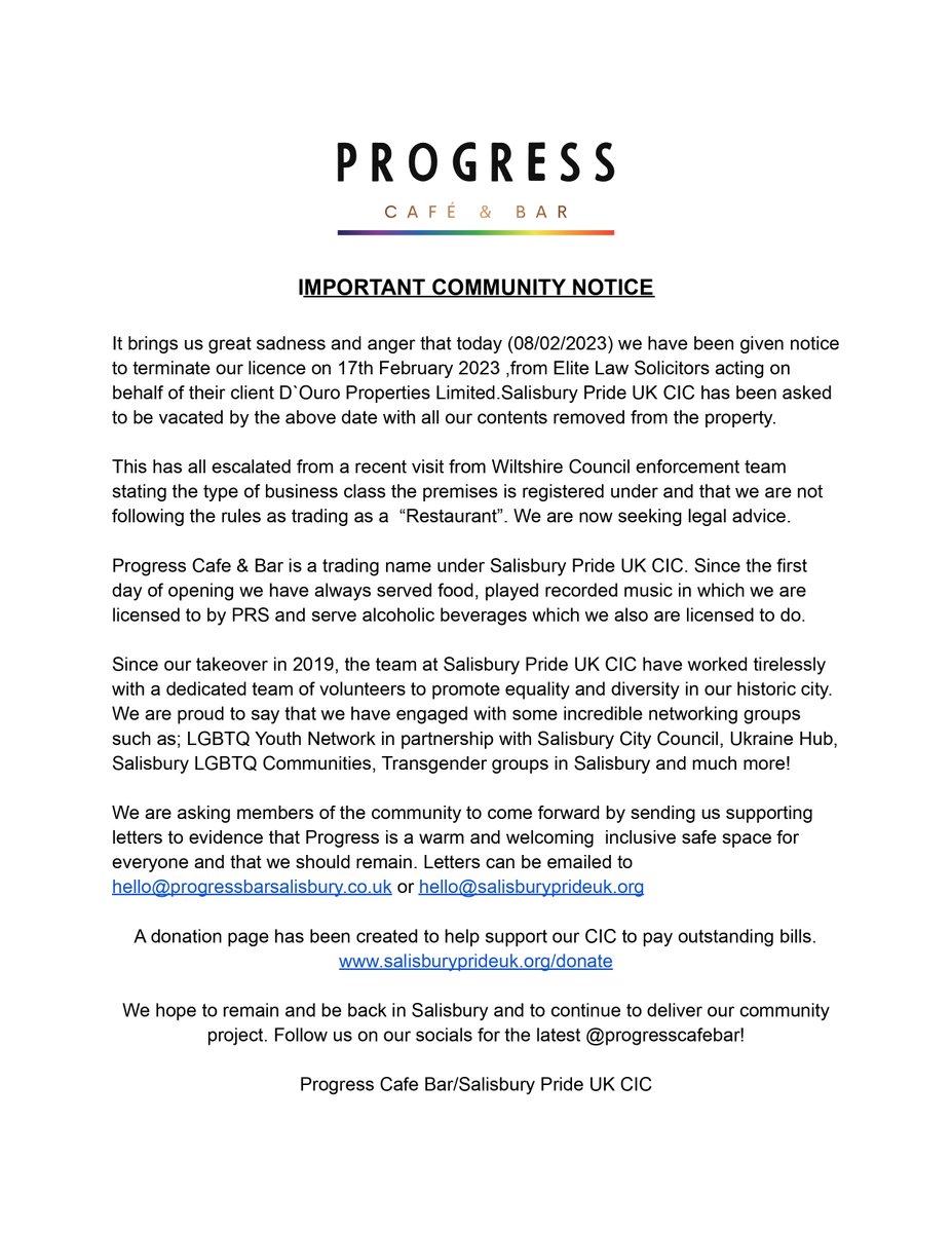 IMPORTANT COMMUNITY NOTICE

It brings us great sadness and anger that we have been given notice to terminate our Licence on 17th February 2023.  Read more below 👇