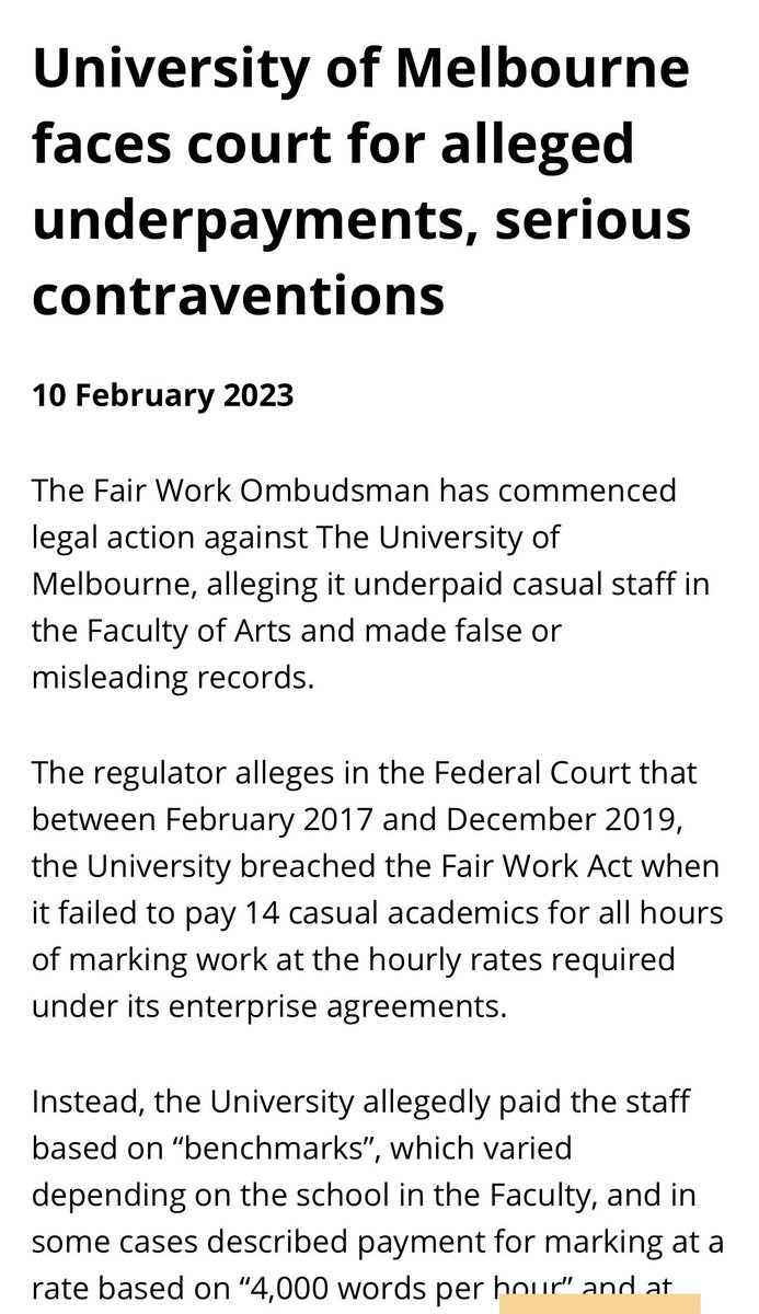 The Fair Work Ombudsman has started a second legal action against Melbourne University in the Federal Court over underpayment allegations saying the practices in the sector remain a priority. Big news for the whistleblowers who spoke to ⁦<a href="/abcnews/">ABC News</a>⁩ amp.abc.net.au/article/125195…
