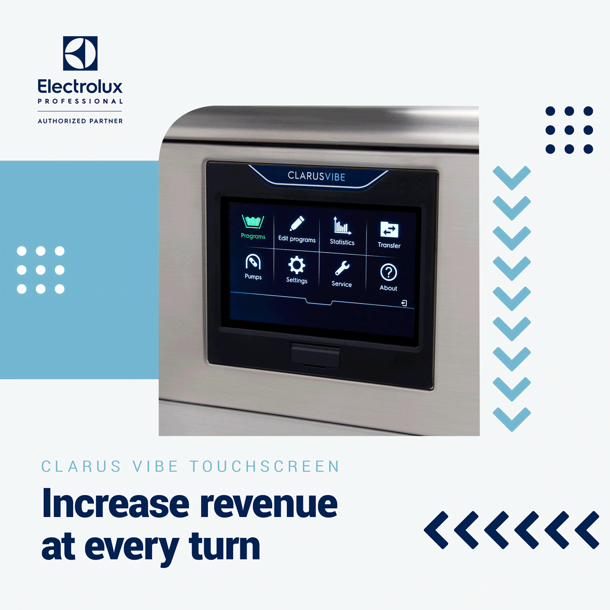 #ClarusVibe features a large 7-inch HD color touchscreen with picture graphics to make selecting the right wash cycle easier than ever! 
Learn more: bit.ly/3QXEWZg