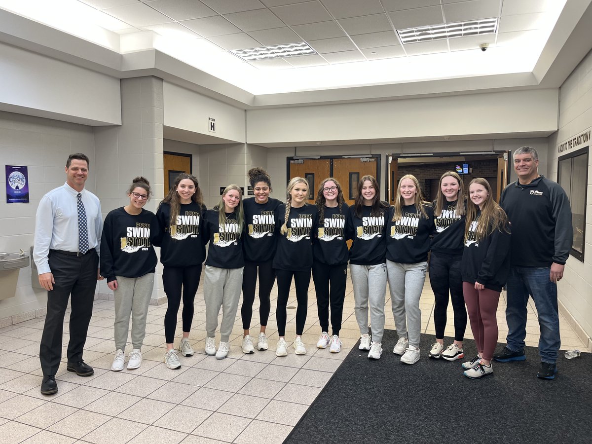 The Penn Girls Swim/Dive Team, coached by Jess Preston, gets a send-off to the State Finals from Penn High School Principal Dr. Sean Galiher after being cheered on by classmates at a walk-through the #KingsmenNation Strength &amp; Conditioning Center.