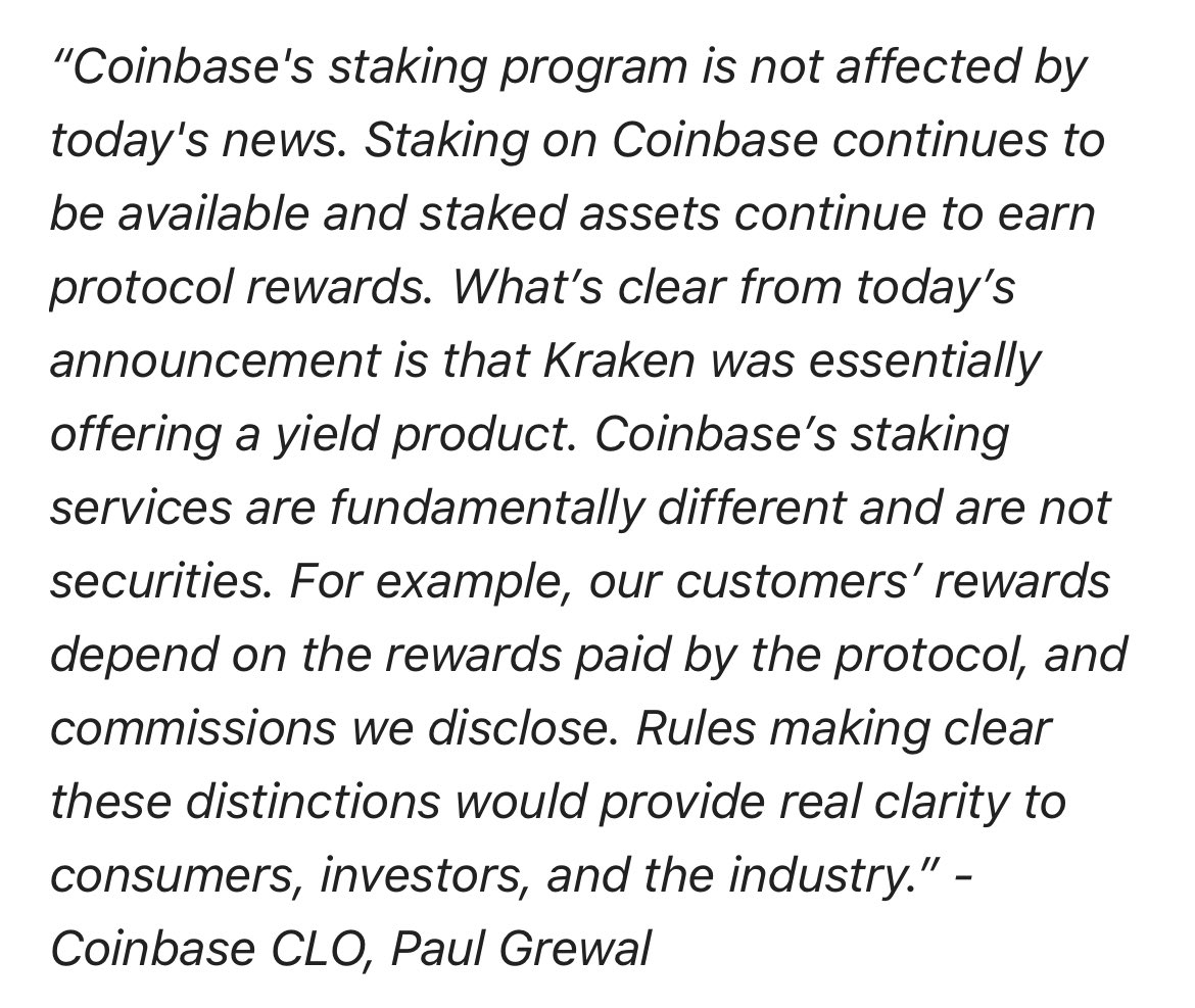 Coinbase says Kraken news will not affect their staking program 

Sources say they’re willing to fight SEC on this issue