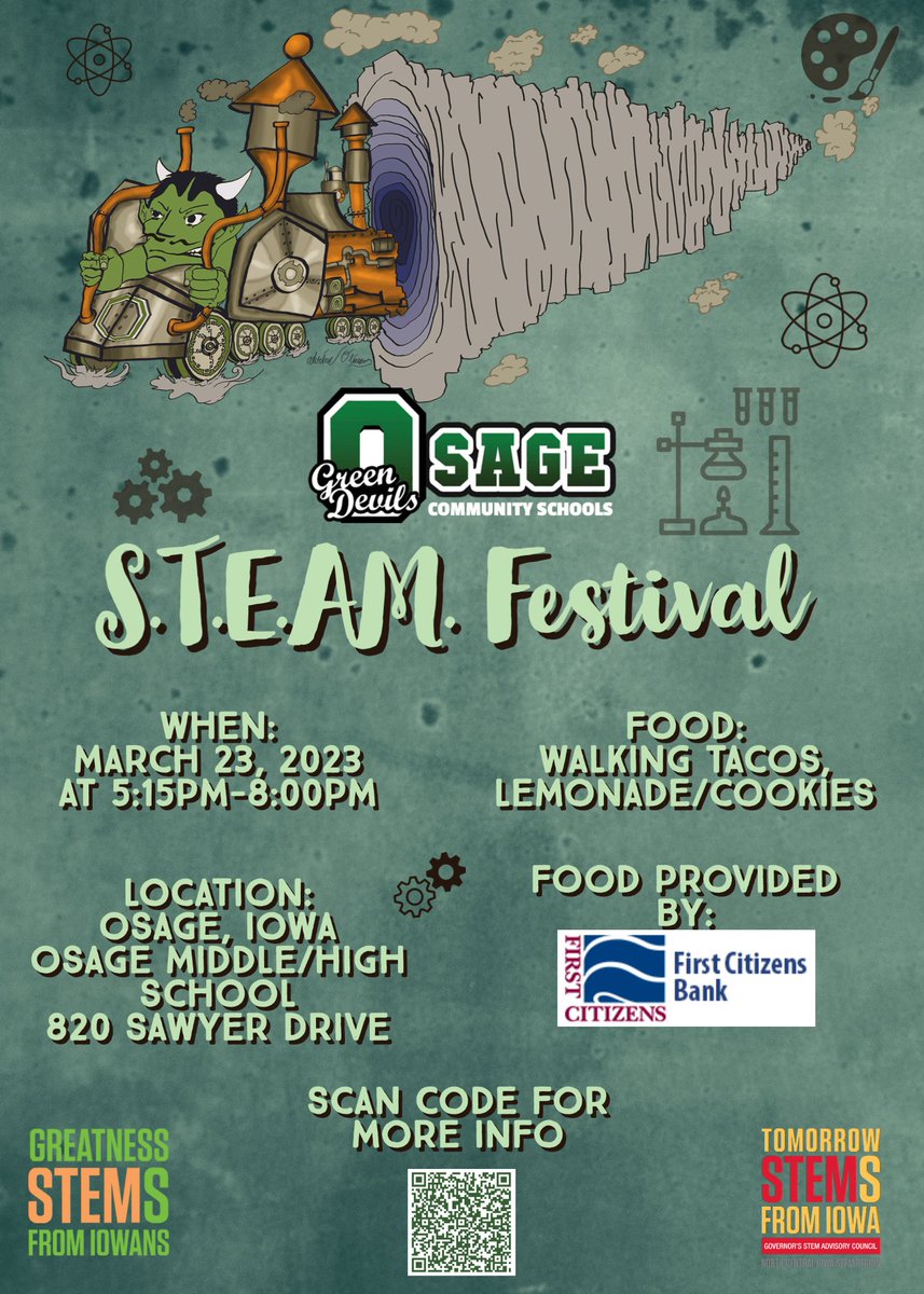 Osage STEAM Festival Thursday March 23, 2023
<a href="/NC_Iowa_STEM/">NC Iowa STEM Region</a>, <a href="/IowaSTEM/">Iowa STEM</a>, <a href="/IowaCSTA/">CSTA Iowa</a>, <a href="/OsageCSD/">Osage CSD</a>,<a href="/CentralRivers/">Central Rivers AEA</a> 
 #osagegreendevils