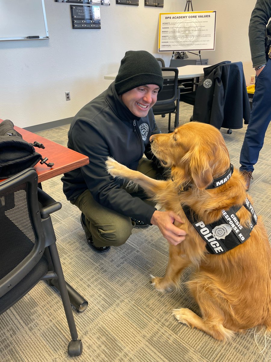 IowaDPS's tweet photo. This is what you call going to the head of the class. 🎓🦮 Therapy K9 Matt met the 48th Certified Academy recruits and staff, and encouraged them all to keep up the good work! #Matt #48thCertified #WeAreDPS #TheDPSWay https://t.co/CwDH5uEA7E