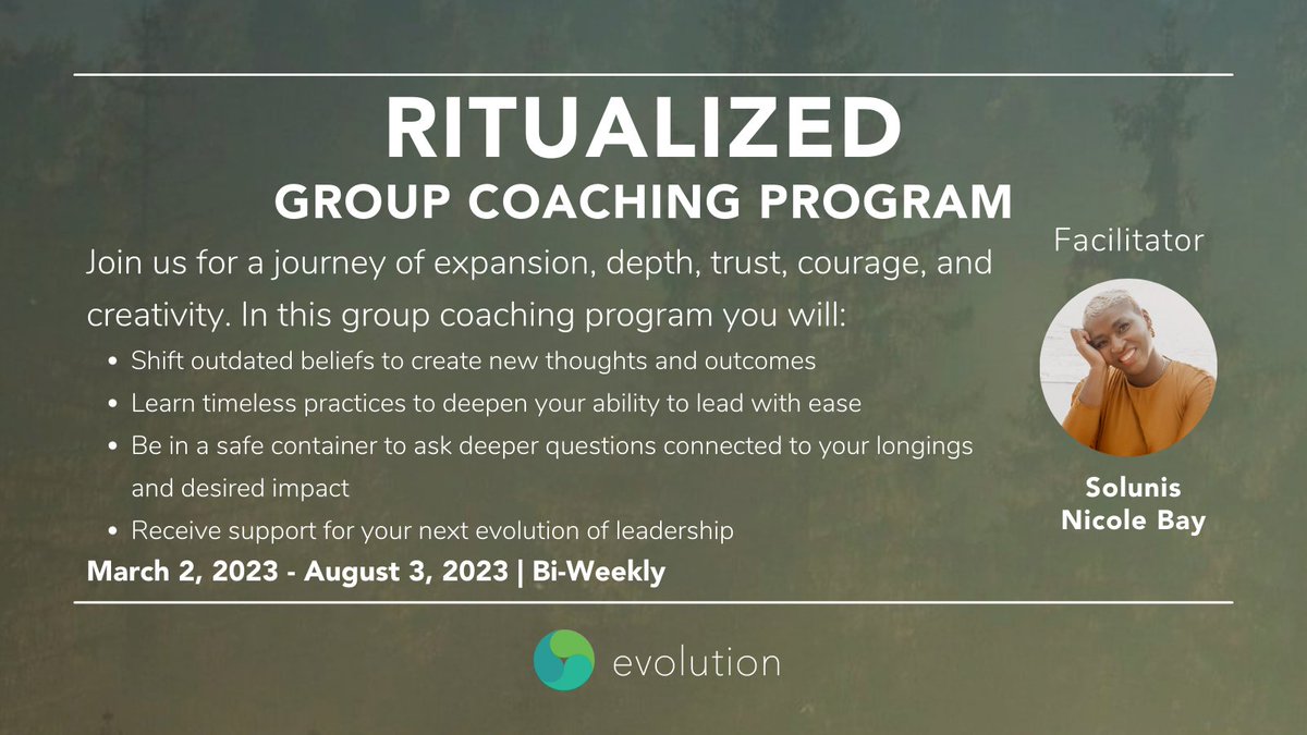 EvolutionSvc's tweet image. Leadership is sacred. It's a journey of expansion, depth, trust, courage, &amp;amp; creativity.

Join us for Ritualized, a group coaching program with Evolution Partner, Solunis Nicole Bay to learn practices that deepen your ability to lead with ease.

Learn more:
evolution.team/ritualized-gro…