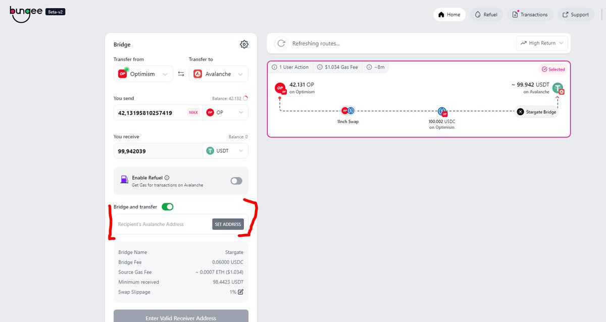 Airdropla gelen $op tokenları bağışlamak için en kısa/ucuz yol;

1- <a href="/BungeeExchange/">Bungee 🕵️</a> 'e gidip @optimismFND'den @avalancheavax'a transferi seçin

2- $op tokenı $usdc - $usdt'ye swaplamayı seçin. ( 🔴usdc.e veya usdt.e seçmeyin 🔴)

3- "bridge and transfer" seçeneğini işaretleyin

+
