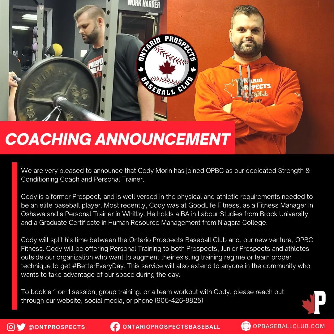 ONTProspects's tweet photo. 🚨Coaching Announcement🚨

We have added former #OntarioProspect, Cody Morin, to our coaching staff as our S&amp;C Coordinator.

Cody will also head our @OPBCFitness operation as a Personal Trainer.

#BetterEveryDay #RepTheOP #Growth #Fitness #StrengthAndConditioning https://t.co/OQZd5KMrAl